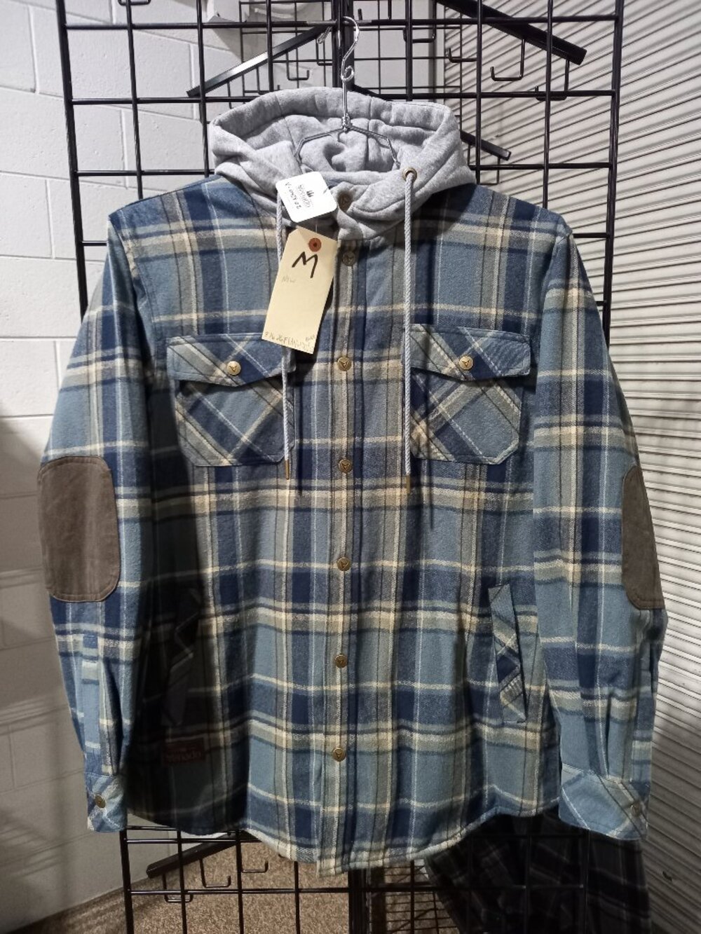 Men's Flannel Shirt Jacket Berber-Lined with Hood - Blue Plaid | Medium